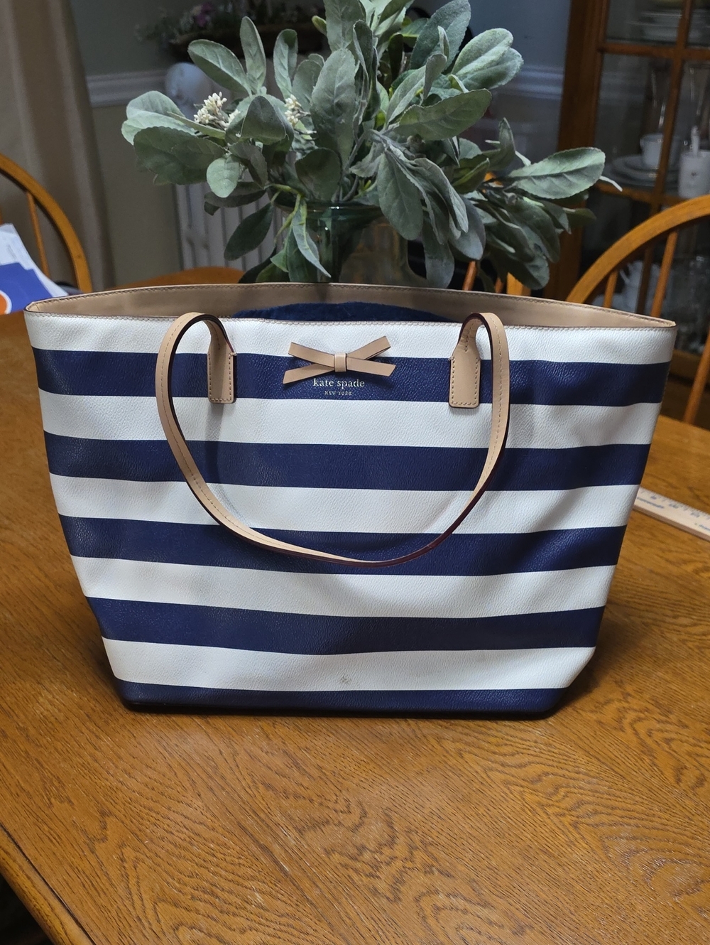 kate spade Navy and White Striped Tote with Tan Handles and Bow